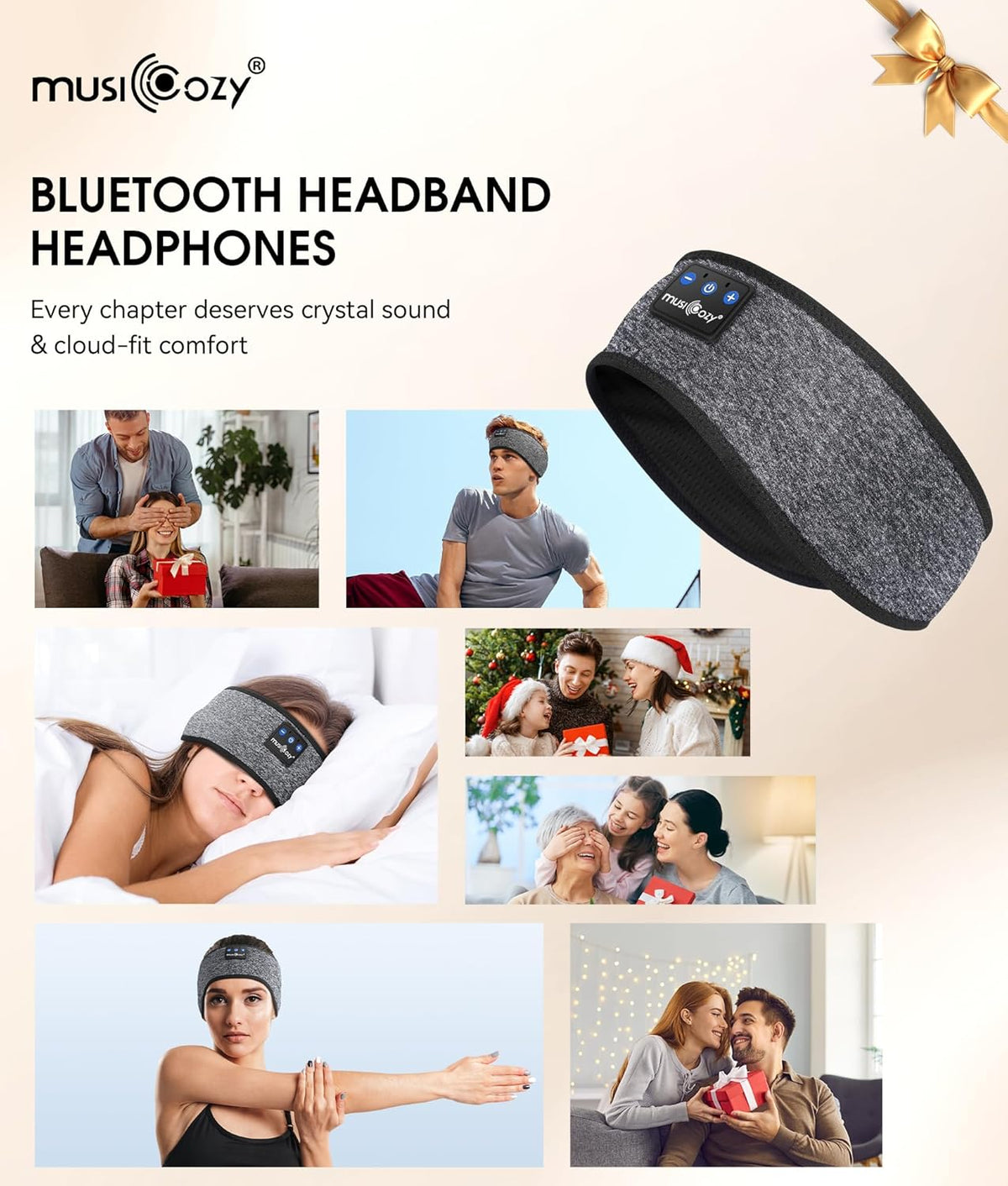Bluetooth Sports Headband Headphones with Microphone, IPX6 Waterproof Wireless Music Headphones for Sleep, Workouts, Running, Travel, and Yoga